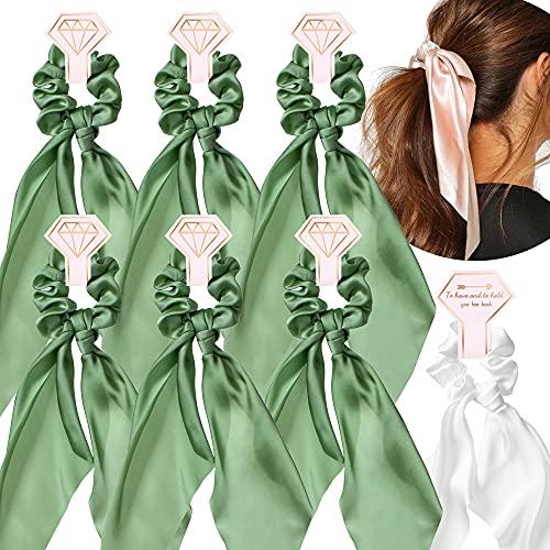 STARAMZ 7 Bridesmaid Scrunchies PACK Hair Scarf with Bow Satin Chiffon Long Tail Elastic Hair Bands Hair Ponytail Holder for Women Girls Hair Accessories (Long Tail GREEN)