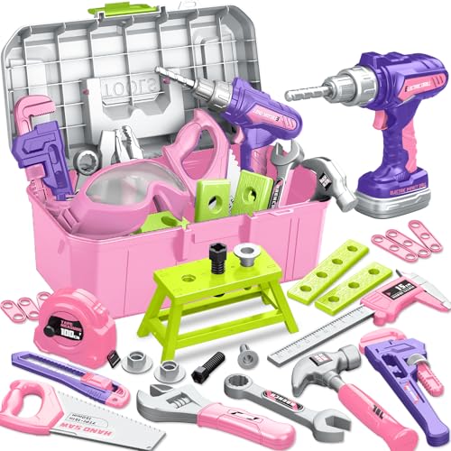 Kids Tool Set with Portable Tool Box & Electronic Toy Drill Toddler Tool Set Construction Tools for Kids Ages 3 4 5 6 46 Pcs Tool kit for Christmas & Birthday Gifts for Girls
