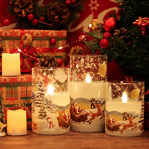 Dromance White Christmas Glass Flickering Flameless Candles Battery Operated With 10-Key Remote And Timer Set Of 3 Real Wax Holiday Led Window Pillar Decor Candles(Santa Decal, 3 X 4, 5, 6 Inches) #TOP5