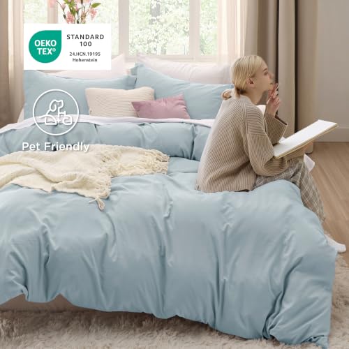 Image of Bedsure Prewashed Duvet Cover King, Cotton-Like Soft Bedding Set, Baby Blue