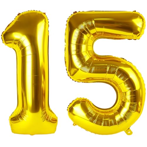 40 Inch Gold 15 Balloons Number, 15th Birthday Decorations For Girl Boys, 15 Year Old Birthday Decorations, Large Foil Mylar 51 Balloons For Party, Engagement, Graduations - 2