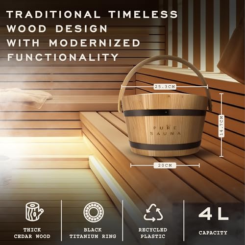Pure Sauna Unique Wooden Sauna Water Bucket and Ladle Set - Improved Ergonomic Handle - Cedar Wood Sauna Water Bucket, Titanium & Recycled Plastic with 4L Capacity - Premium Sauna Accessories - Image 3