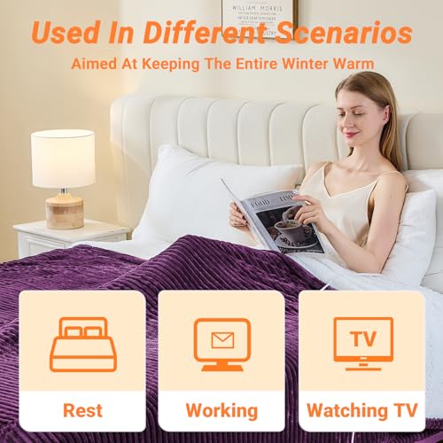 Image of Heated Blanket Electric Throw, Soft Flannel Heating Blanket with 8 Hours Auto Off 10 Fast Heating Levels Machine Washable Sherpa Heated Blanket with Overheating Protection