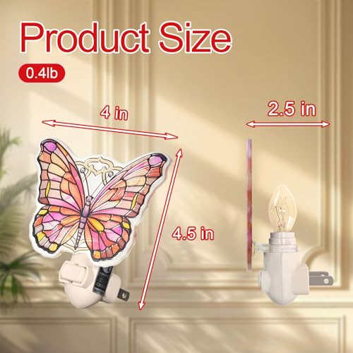 Image of Pink Butterfly Night Light - Stained Glass Styled Plug-in Wall Light for Vertical Outlets - Real Glass, Warm Glow for Bedroom, Bathroom, Hallway - Gift for Butterfly Lovers