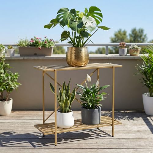 Image of ecofynd Eric Plant Stands for Outdoor Balcony, Flower Pot Stand for Indoor Plants, Large Metal Planter Stand for Living Room, home decor, Indoor & Outdoor plants, 2 Tier, (26 Inch, PS050-GO)