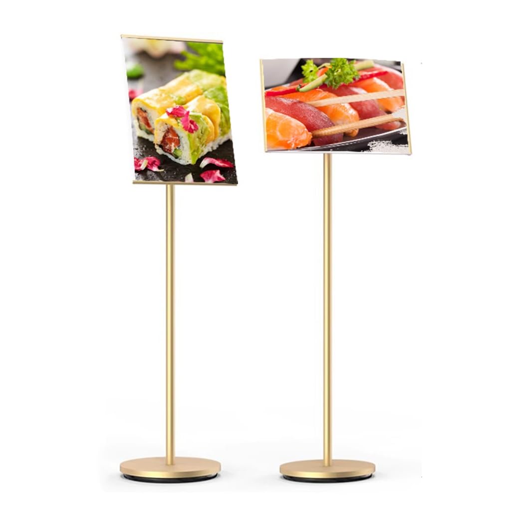 Floor Standing Sign Holder Poster Stand with Stable Round Base Heavy Duty Display Stand for Menu Vertical and Horizontal Display Gold A3 Stand