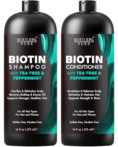 Image of SOULSPA PURE Biotin Peppermint & Tea Tree Shampoo and Conditioner Set - Sulfate Free Scalp Care for Thinning & Color-Treated Hair - Clarifying Formula for Men & Women -16 fl oz Each