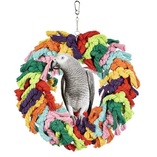 Image of Parrot Swing for Large Birds - Colorful Cotton Rope Hanging Ring Toy for African Grey, Cockatoo, Conure, and Parakeet | Chewing, Exercise, Climbing, and Snuggling (Parrot Swing)