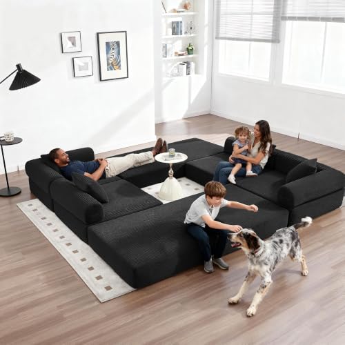 Image of L-Shape Modular Sectional Sofa Bed, Corduroy Boneless Couch, Black