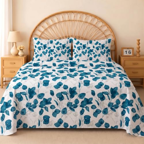Image of IVAZA 240 TC Soft Ezyption Cotton Floral Print King Size Bedsheet - with 2 Pillow Covers, Hypoallergenic, Brethable, (Size- 90 x 90 Inch) White Blue Leaf