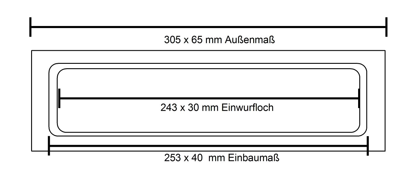 Briefeinwurf mit Schacht + mit Bürste-Aluminium und poliert-305 x 65 mm-Briefeinwurf-Briefklappe-Briefschlitz (Alu. schwarz-Kanten schwarz)