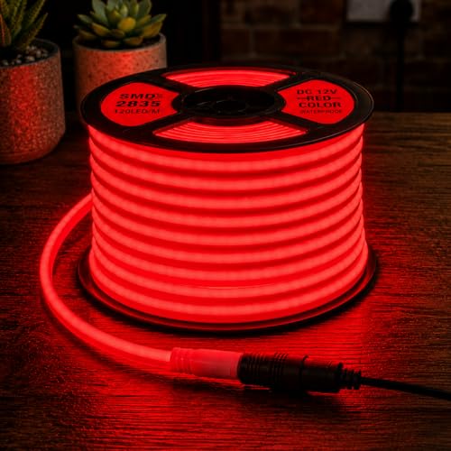 Image of Red Neon LED Strip Light 5 Meter with Adapter | Flexible IP65 Waterproof Silicone Rope Light for Indoor and Outdoor Bedroom, Ceiling, Gaming Room, Party Decoration