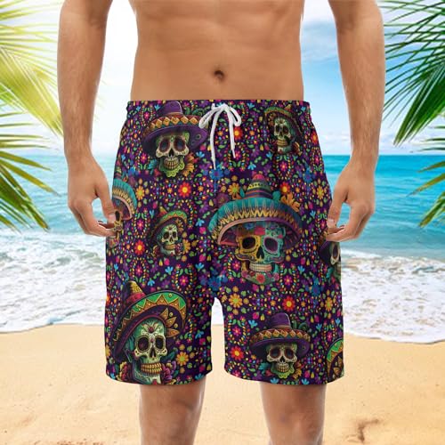 Taco Mens Swim Trunks - Skull Taco Hawaiian Mens Shorts Casual - Summer Drawstring Beachwear Shorts PA292