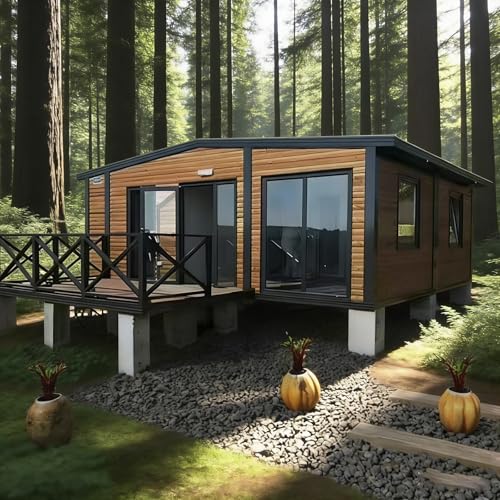 Casa modular pequeña de 20 pies para vivir para adultos, casa prefabricada expandible con 2 dormitorios y baño completo, hogar portátil plegable con cocina, cabina compacta para la vida en el patio