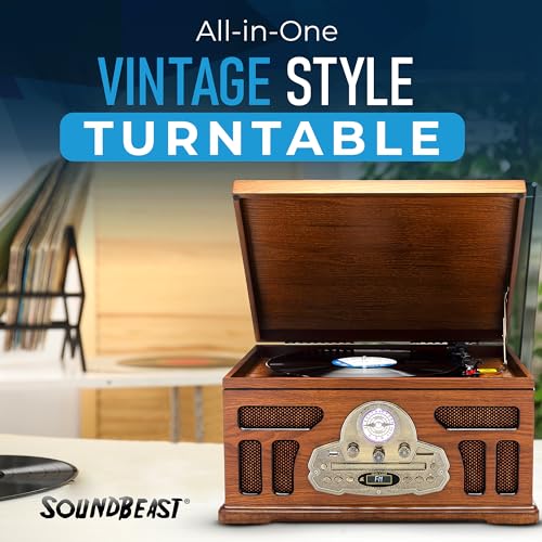 SoundBeast All-in-One Turntable with 3-Speed Record Player, Bluetooth, CD, Cassette Tape, AM/FM Radio, USB, Built-in Speakers, Handmade Wooden Exterior