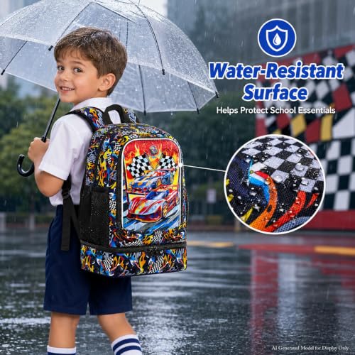 Image of HPJGD 2-in-1 Backpack for Boys, 17 inch Race Car Preschool Bookbag Set with Built-in Lunch Compartment, Kids Water-Resistant School Bag for Elementary - Thrill Racing