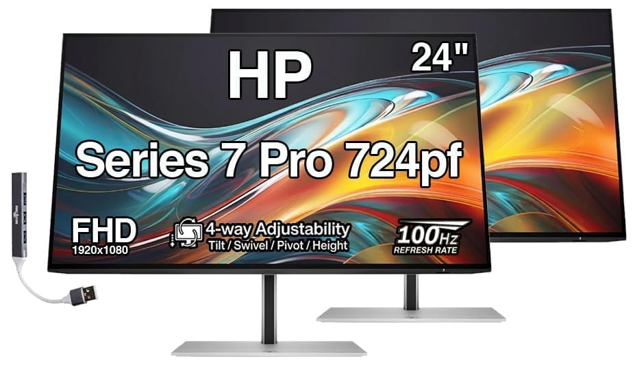 Image of HP Series 7 Pro 724pf 24 inch FHD IPS Monitor with 4-Way Adjustability, Anti-Glare, Flicker Free, VESA Mount (100mm), Displayport, HDMI & Dockztorm USB Port Expander, Black /Silver (8X530AA#ABA) 2 Pack