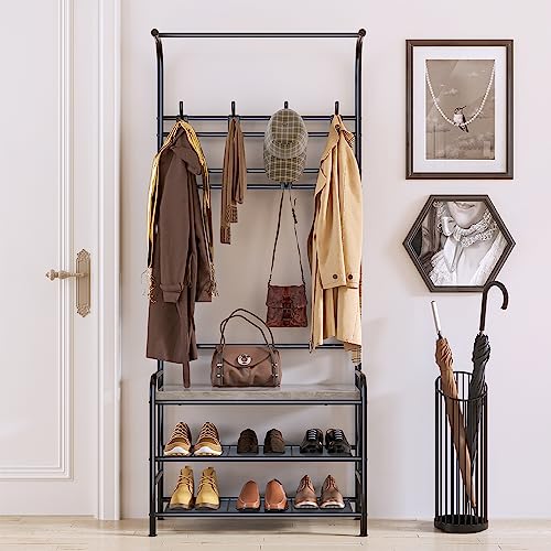 Amyove Coat Rack Shoe Bench, 3-in-1 Hall Tree Shoe Rack for Entryway, Coat Tree with 3-Tier Storage Shelf and 8 Hooks, Industrial Furniture with Steel Frame, Multifunctional Hallway Organizer, Grey