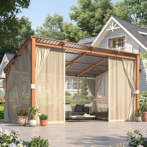 AECOJOY 10x14 Outdoor Wooden Pergola Gazebo with Curtains and Netting for Patio, Cedar Lean-to Hardtop Pergola Shelter, Light-Blocking Heavy Duty Metal Awnings or Decks