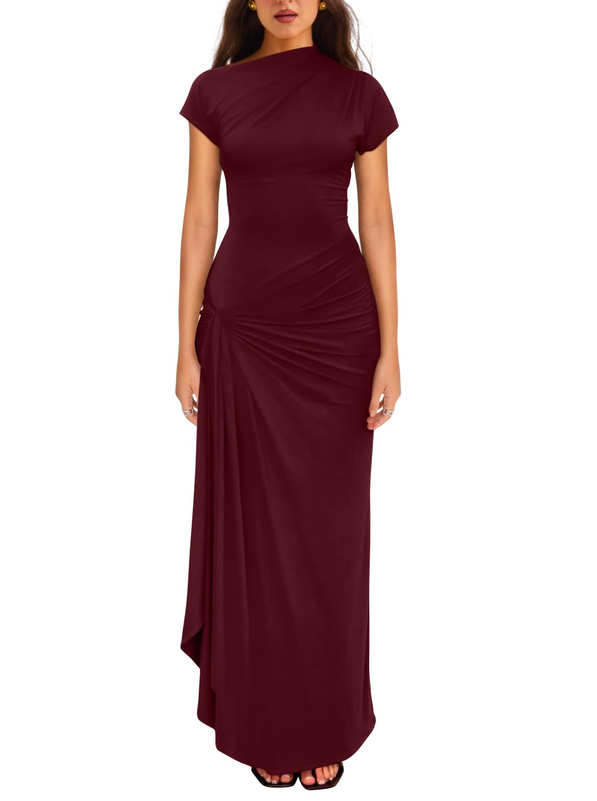 YMDUCH Boat Neck Ruched Bodycon