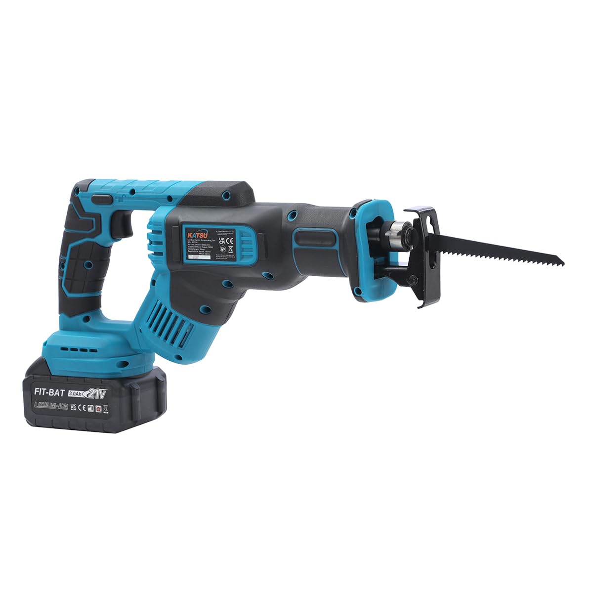 KATSU FIT-BAT 21V Sierra de Sable Inalámbrica con 3,0 Ah Batería y Cargador, 4 Hojas de Sierra, 28mm Longitud de Carrera, Velocidad Variable, para Poda de Corte de Metal y Madera