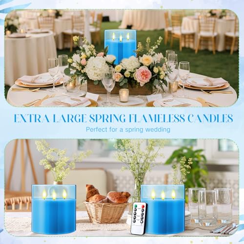 Image of Retisee 6'' x 6'' Extra Large Flameless Candles, 3 Wick Glass Large Fall Candles with Remote Control and Timer Function, Real Wax LED Pillar Flickering for Autumn Party Decor(Classic,Blue,1 Pcs)