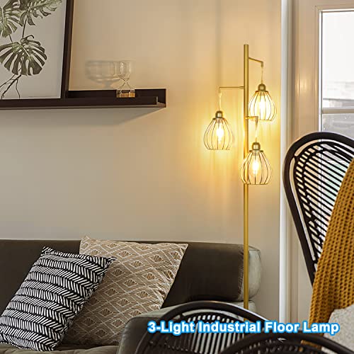 Lakumu Industrial Floor Lamp For Living Room, Golden Farmhouse Floor Lamp With 3 Elegant Teardrop Cage Heads & St58 Edison Led Bulbs, Sturdy Base Tall Vintage Pole Light, Rustic Floor Lamp For Bedroom #TOP6