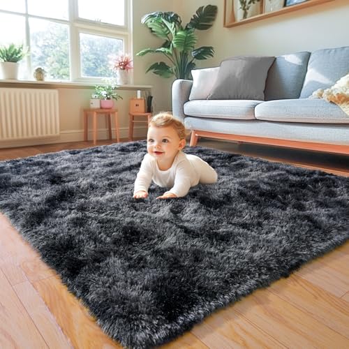 KING DARE Area Rugs 4x6 Rug for Bedroom, Fluffy Washable 4 x 6 Dorm Rugs, Plush Fuzzy Shaggy Furry Non-Slip Modern Soft Carpet for Living Room Playroom Kids Room Aesthetic Rug, Black and Dark Gray