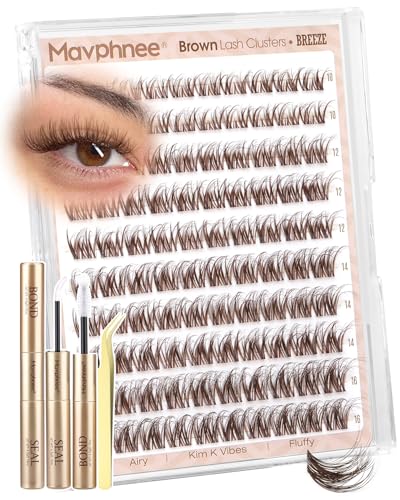 Brown Lash Clusters Kit Spider Cluster Eyelash Extensions Kit Fluffy Wispy Individual Lash Extensions 10-16MM CC Curl Clear Band Eyelash Clusters with Bond and Seal Lash Glue and Applicator