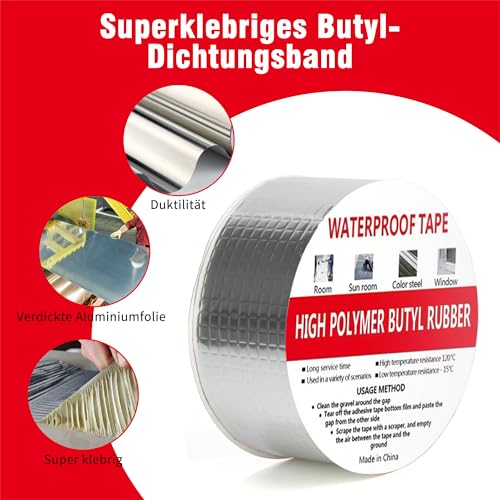 Butylband Dichtband Wasserdicht 5 cm x 10 m: Butyl Klebeband Wasserdicht Dickes Butyl Dichtband Selbstklebend zum Abdichten und Reparieren von Dachlecks, Oberflächenrissen, Rohrbrüchen