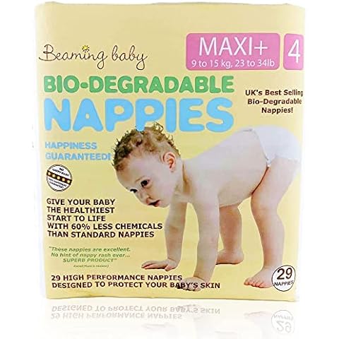 Beaming Baby Biodegradable Eco Nappies Size 4 (9-15 kg / 23-34 lb) - 145 Nappies (5 Packs x 29) Monthly Pack. No Nappy Rash, Hypoallergenic, Naturally Breathable Cover