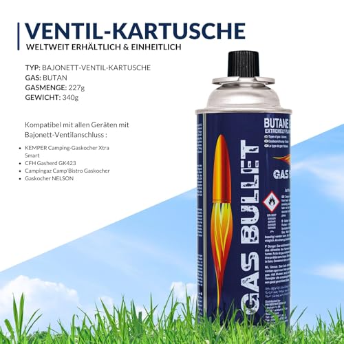 Gas Bullet ® Gaskartusche 227g passend für Gaskocher und Geräte mit Bajonett-Ventil Anschluss (MSF-1a) | Butan | Ideal für Camping/Outdoorküchen/Notfälle (12) 2