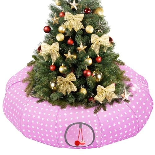 Image of Pawaboo Cat Tunnel Bed Under Christmas Tree, 35.4'' Christmas Cat Toy Circle Tunnel with Toy Ball, Decorative Festive Foldable Kitty Tube Tunnels for Cats Small Animal, Pink