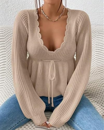 Image of BAIMORE Women's Casual Deep V Neck Drawstring Tie Front Long Sleeve Ruffle Hem Pullover Sweater