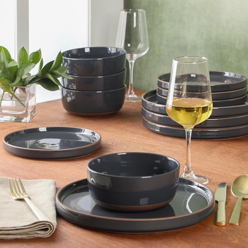Image of Gibson Elite Northrock Stoneware Dinnerware Set, 12-Piece Service for 4 Plates and Bowls Set - Charcoal Blue Dishes with Hand-Painted Terracotta Base