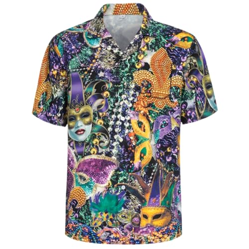Regenboog Mardi Gras Shirts for Men Women Mardi Gras Button Up Shirts Adult Funny Casual Hawaiian Beach Carnival Shirt St. Patrick Day Outfit 3D Printed Beaded Mask Purple 6 M