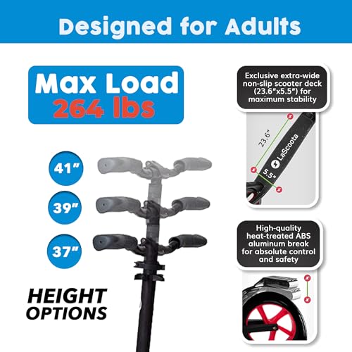 Image of LaScoota Kick Scooter for Kids Ages 6+, Teens & Adults, Large 8 inch Sturdy Urethane Wheels. Adjustable Handlebar, Lightweight, Foldable, 220lbs Max Load