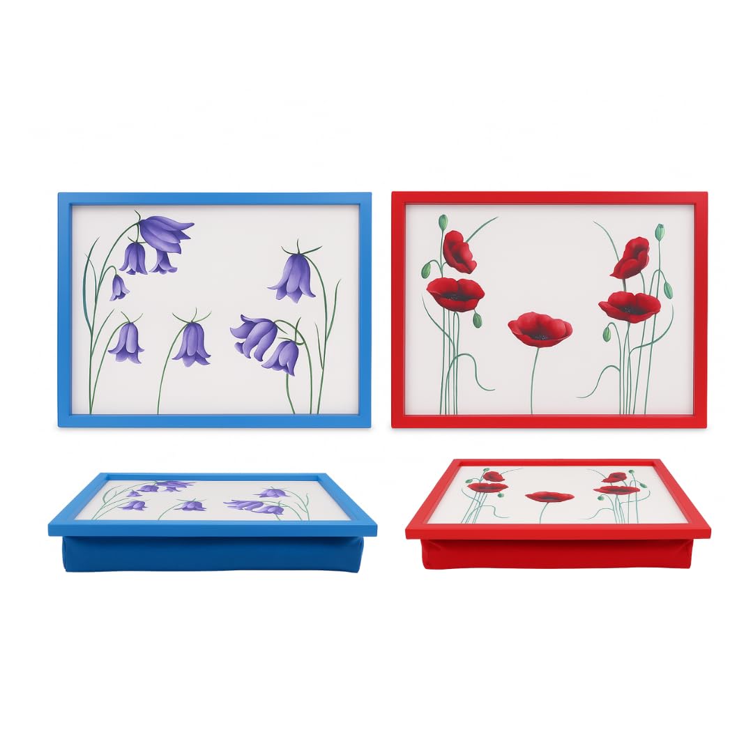 Lap Trays with Cushioned Bean Bag Base, Pack of 2, Wipe Clean Heat Resistant Laptray for Eating & TV Dinners, Floral Designs, 44 x 34 cm