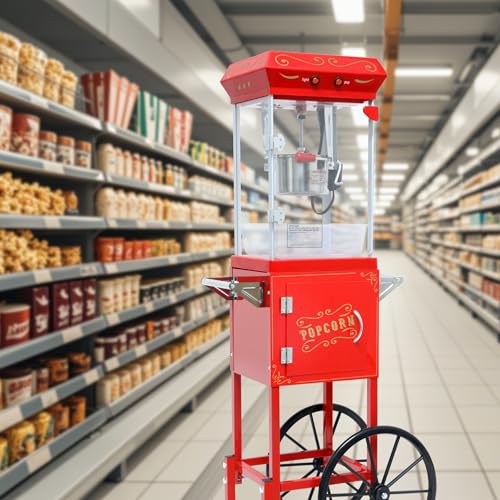 Image of Popcorn Machine with Cart, with Wheels & 6 Oz Pot Popcorn maker Equipped with Popcorn Scoops & Tools, Mobile Cart with Lockers for Commercial Home Movie Theater Vintage Style (Red)