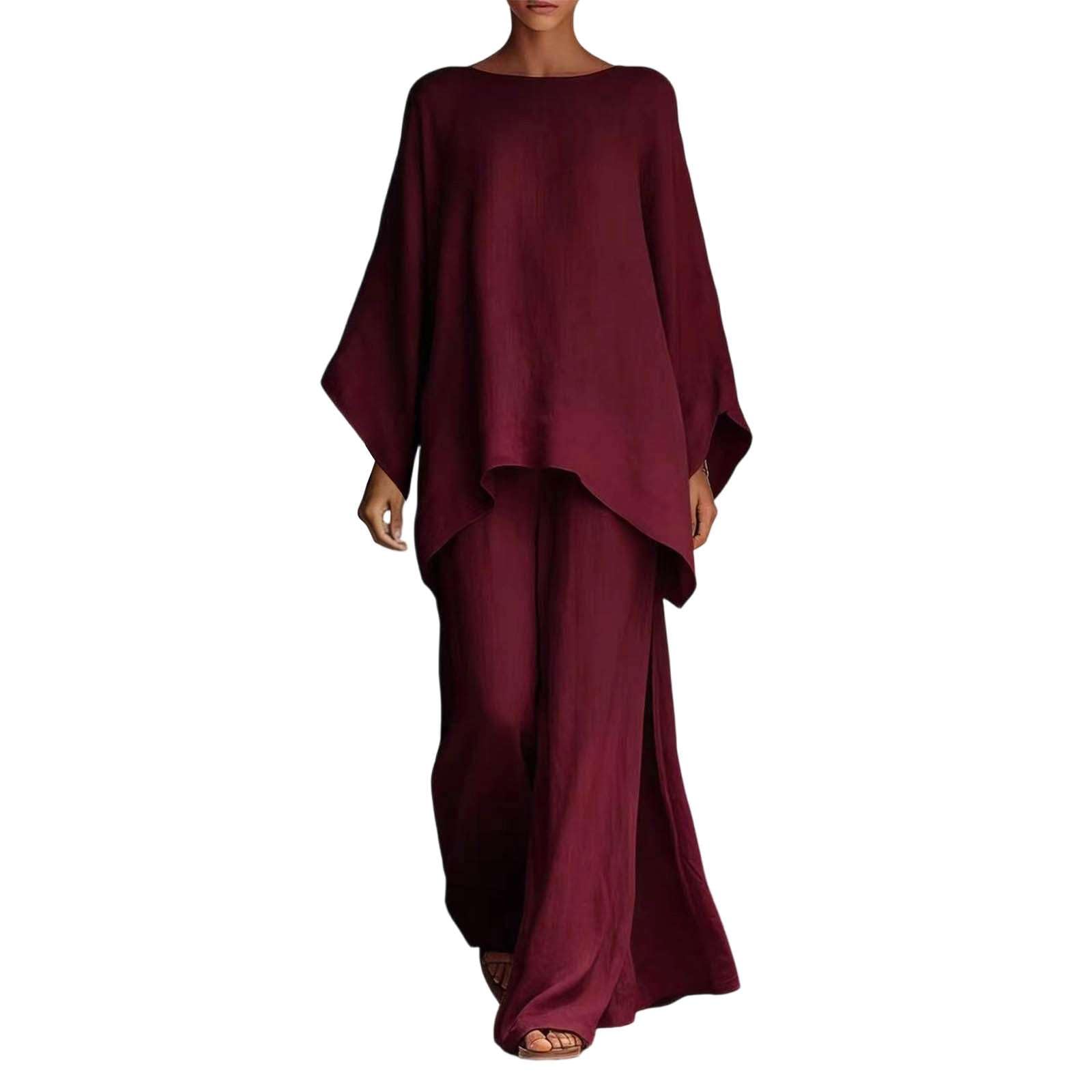 Tuta Completa Lino Donna Estivo Boho Chic 2 Pezzi Top Kaftano Vintage e Pantaloni Gamba Larga Tute Elegante Cerimonia Completo Co-ord Set Leggero Taglie Forti Spiaggia Vacanze Streetwear