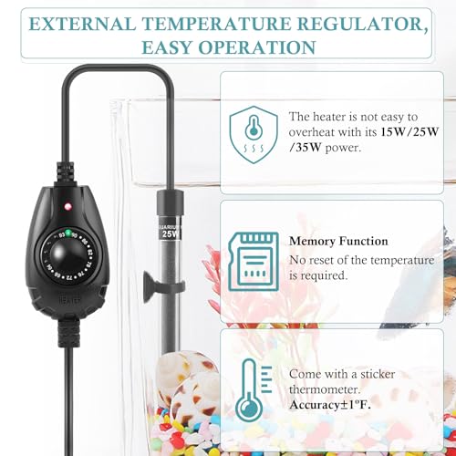 Image of HITOP 15W /25W /35W Mini Aquarium Heater Submersible Small Fish Tank Heater for up to 10Gallons Fish Tanks, Fish Bowls, Betta Heater with External Temperature Controller