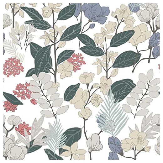 JOLIHOME Papel Pintado Autoadhesivo Floral Vintage Flores y Plantas Pelar y Pegar Papel de Contacto Adhesivo Mural Rojo, Azul, Verde Oscuro y Amarillo 44.5x500cm
