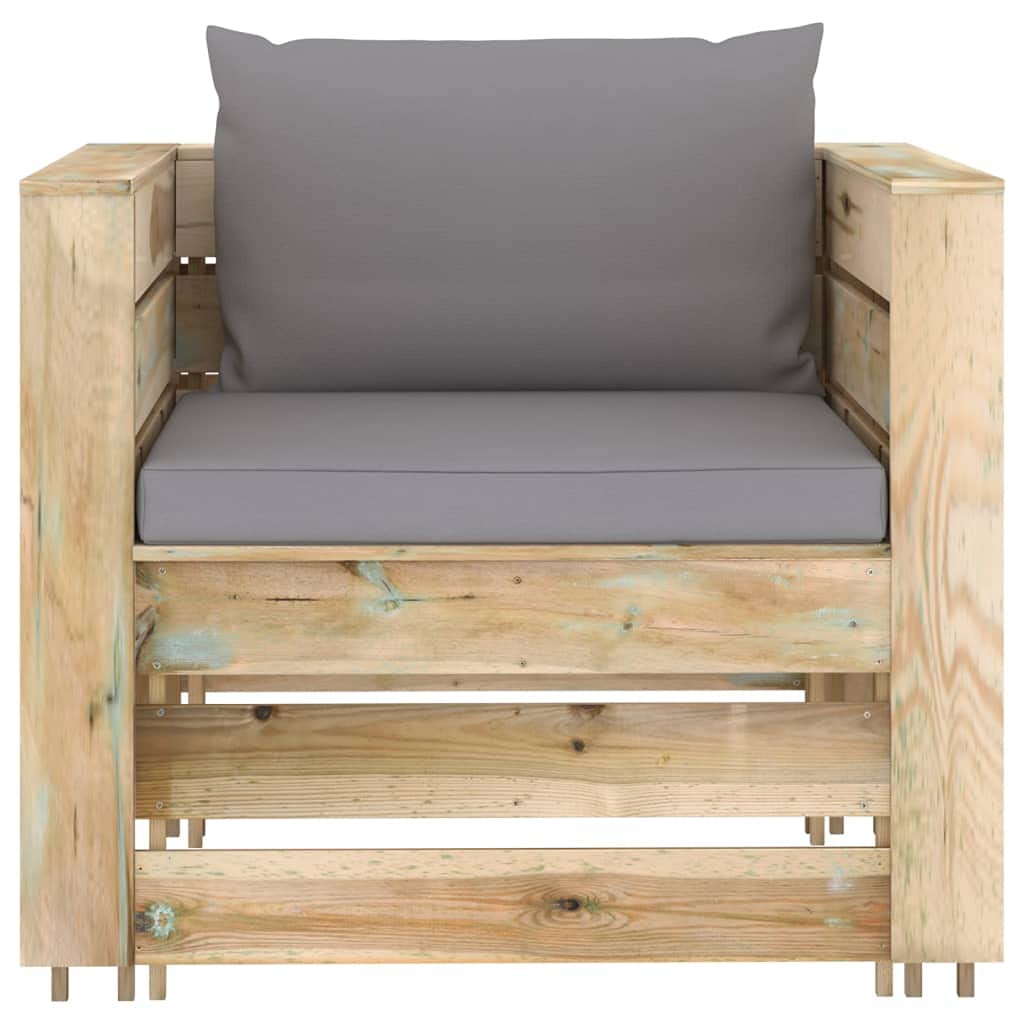 Juego de 2 muebles de jardín de madera de pino impregnada verde con cojín, incluye mesa y sofá, resistente a la intemperie, juego de muebles de jardín para terraza, balcón y salón