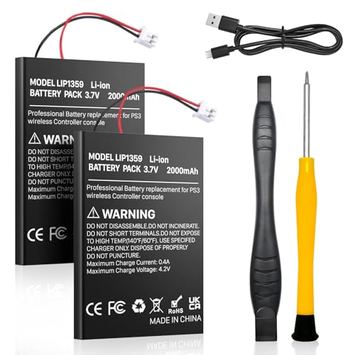 2-Stück PS3 Controller Akku 2000mAh Hohe Kapazität LIP1859/LIP1472/LIP1359 Ersatzakku für Sony PlayStation 3 Dualshock 3 Wireless Controller mit USB Kabel+Werkzeug