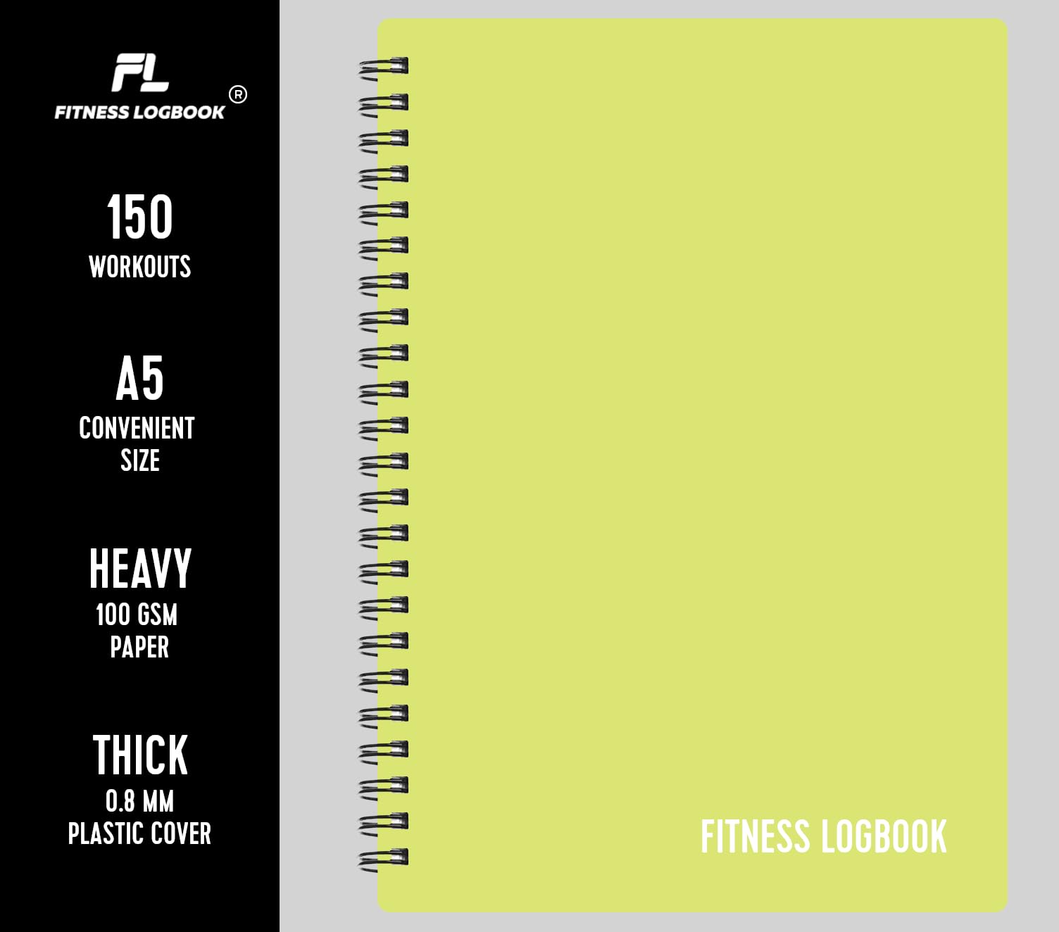 Registro fitness – Registra 150 allenamenti – carta spessa e copertina resistente – A5 – Diario di allenamento senza data, diario di registro pianificatore – traccia perdita di peso, aumento