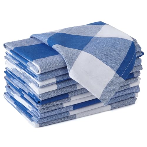 Encasa XO Serviettes en Coton Lot de 12 | Carreaux Bleu Buffle | Taille 43x43 cm | Serviettes de Table | Lavables en Machine et Réutilisables