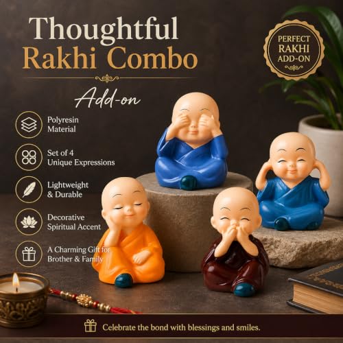 Image of Dreamica Designer Bhaiya Bhabhi Rakhi Set, Monk Buddha Showpiece Set,2 Fridge Magnet, Greeting Card and Tilak Set | Best Rakhi Gift for Brother