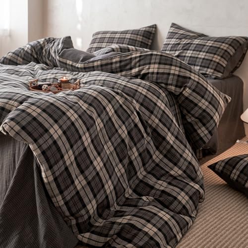 Image of VM VOUGEMARKET Vintage Buffalo Plaid Duvet Cover Queen,Double Layer Cotton Jacquard Bedding Set with Grey Gingham Pattern,Soft Breathable Reversible Duvet Cover with Zipper Closure