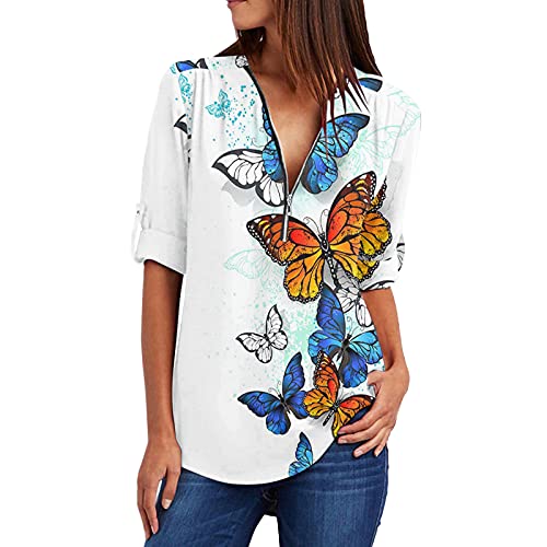 OutTop Women's V Neck Chiffon Blouse Shirts Half Zip-up Casual Butterfly Tshirt Tops Pleated Roll-up Sleeve Tunic Shirts (White, XL)
