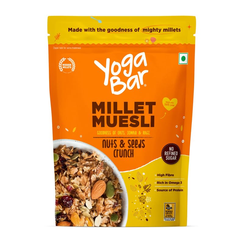 Image of Yogabar Millet Muesli Nuts & Seeds Crunch 500g | No Refined Sugar | High Fibre | Rich in Omega-3 | Protein Source | Breakfast Cereal with Oats, Jowar & Ragi | Veg